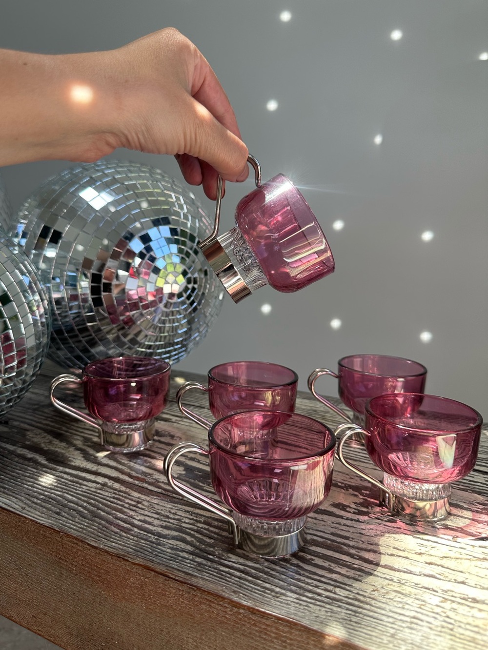Vintage Pink and Clear Espresso Cups with Removable Silver Handle- Set of 6